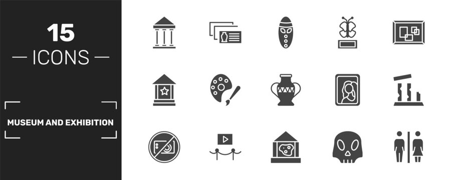 museum and exhibition icon set with antic architecture, mask, butterfly, restroom signs in filled style. solid icons for ui, web and printing