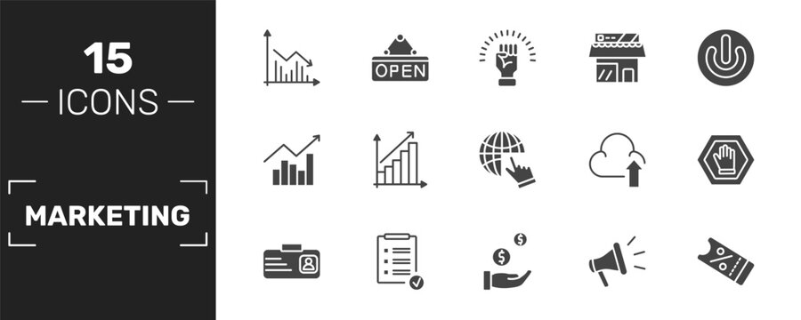 marketing icon set with marketing graph, motivation, shop, coupon signs in filled style. solid icons for ui, web and printing