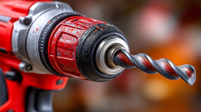 Drill driver with a sharp metal bit performs heavy construction tasks while waiting for a worker to operate the equipment in a professional setting that requires high precision and structural.