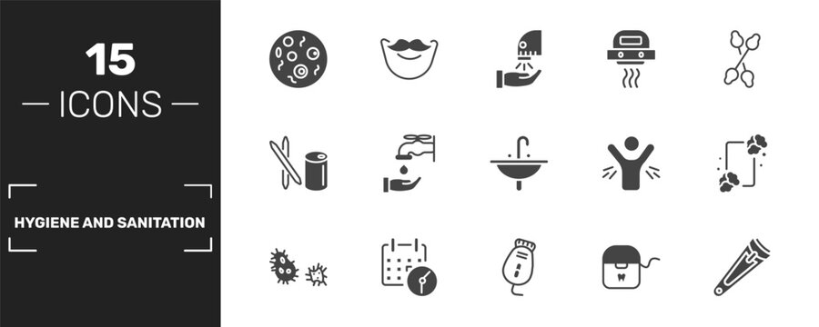 hygiene and sanitation icon set with microbes, dryer, hand dryer, nail clippers signs in filled style. solid icons for ui, web and printing