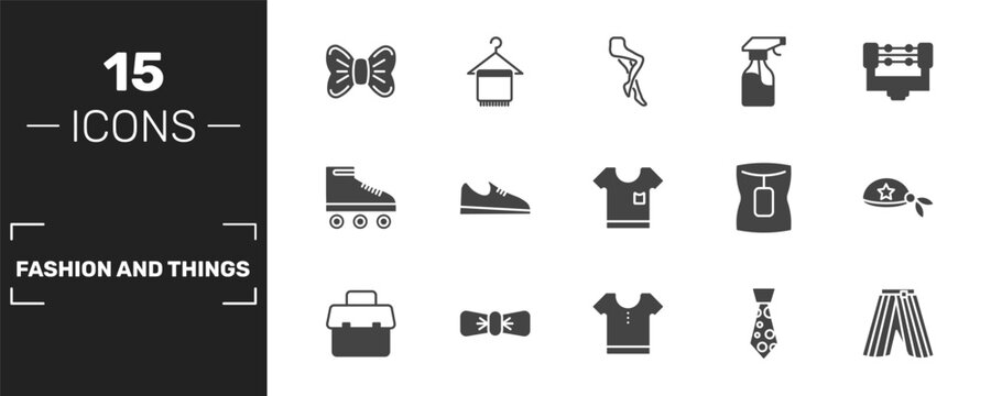 fashion and things icon set with elegante, tights, spray bottle, hakama signs in filled style. solid icons for ui, web and printing