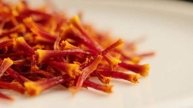 Extreme close-up of vibrant red saffron threads on a clean white surface, showcasing natural spice and aromatic cooking ingredients