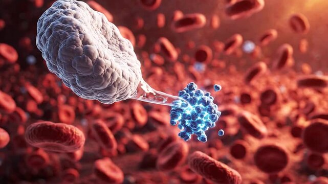 White blood cell attacking a virus in bloodstream, red blood cells flow through a vein, medical animation