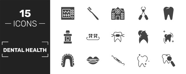 dental health icon set with ekg monitor, clinic, tooth pliers, check up signs in filled style. solid icons for ui, web and printing © Abstract