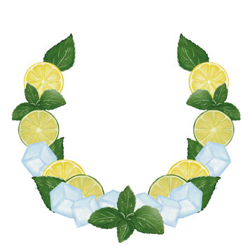 Wreath temlates with lemons, limes, mint and ice on white background. Made in Procreate in Watercolour technique. Jpeg file. 300 DPI