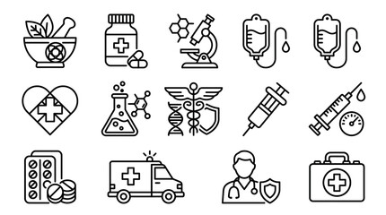 Fototapeta premium A collection of various medical and healthcare related line icons