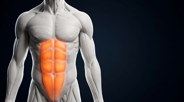 3D rendering of the human male torso with highlighted abdominal muscles on a dark background.