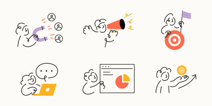 Line art character set featuring diverse people in various marketing, growth and digital strategy concepts illustration.
