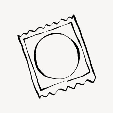 Simple black and white illustration of a condom in its wrapper.