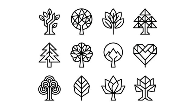A collection of twelve minimalist geometric tree icons arranged in a grid pattern