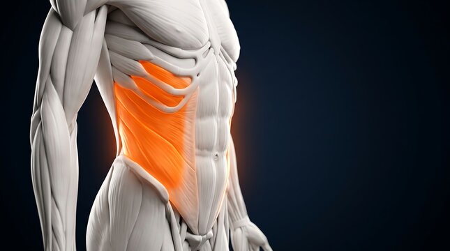 3D rendering of human external oblique muscle highlighted in orange on a male torso, illustrating abdominal anatomy and core musculature.