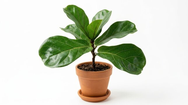 Young fiddle leaf fig houseplant in terracotta pot