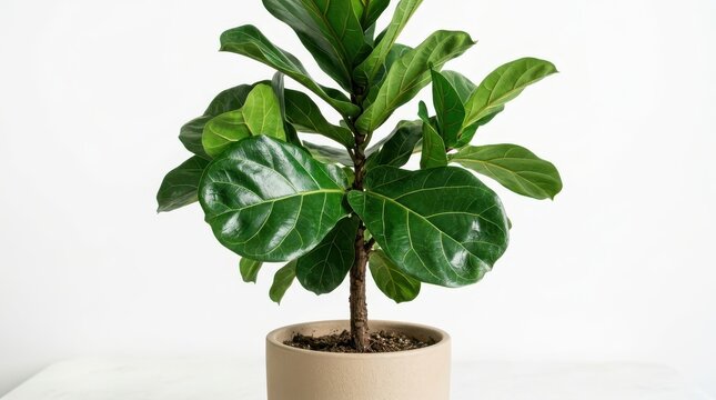 Fiddle leaf fig plant ficus lyrata in a pot, isolated on white background
