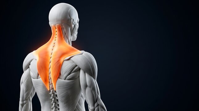 3D anatomical rendering of human back muscles with highlighted trapezius and neck pain areas.