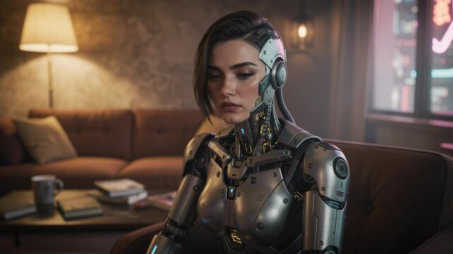 Futuristic humanoid robot with realistic human facial features sitting calmly in modern setting