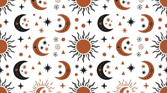 Seamless pattern with celestial featuring suns, moons, and stars in earthy brown and black colors