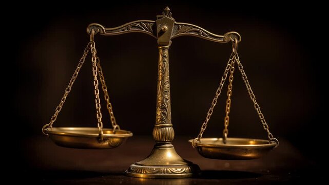 Close up of vintage brass balance scale gently tipping symbolizing fairness and justice concept