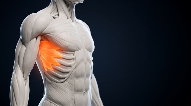 3D rendering of human male torso with serratus anterior muscle highlighted in orange, showing anatomical detail.