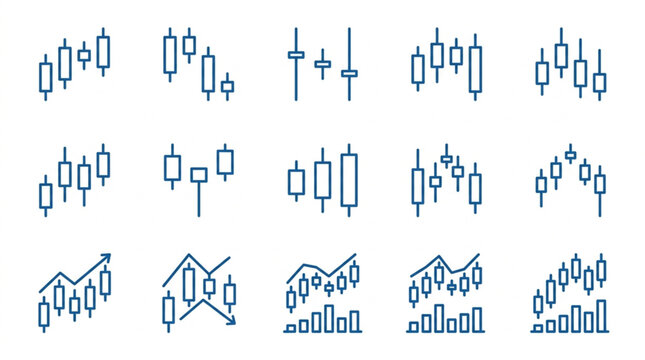 Collection of financial candlestick chart patterns and graphs.