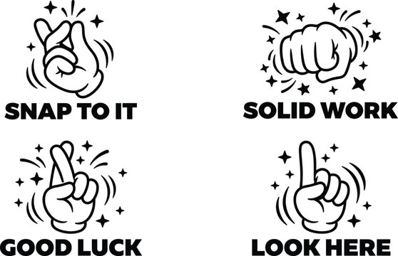 Set of four black and white cartoon hand gesture with text labels, including snapping fingers, fist bump, fingers crossed, and pointing finger, isolated on a