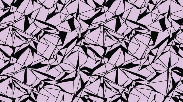 Abstract geometric seamless pattern with irregular triangles and polygons in light purple and black lines on a clean white background