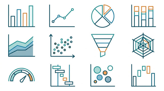 Collection of various business and data charts and graphs icons.
