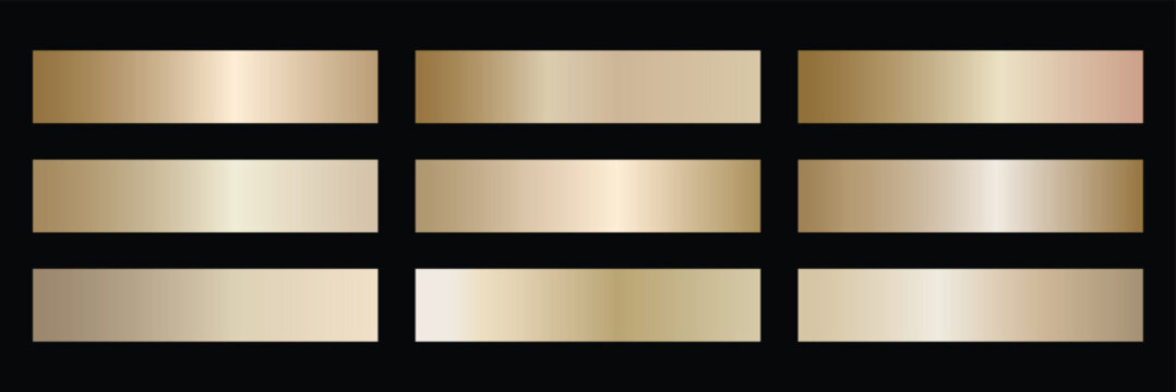 set of abstract rose gold gradient palette Soft champagne gold gradient swatches collection. Light metallic textures with polished foil shine and satin smooth transitions. 