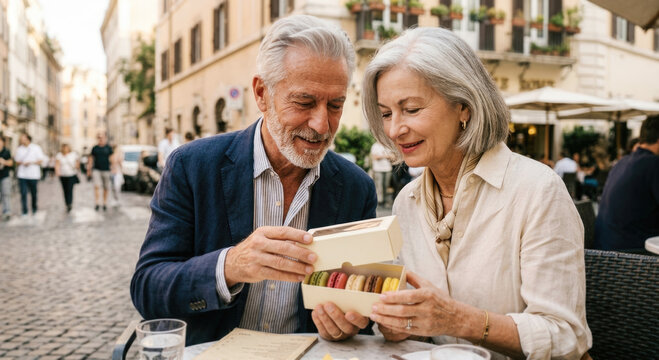 Mature couple opening box of colorful macarons at outdoor cafe representing romantic sweet moments