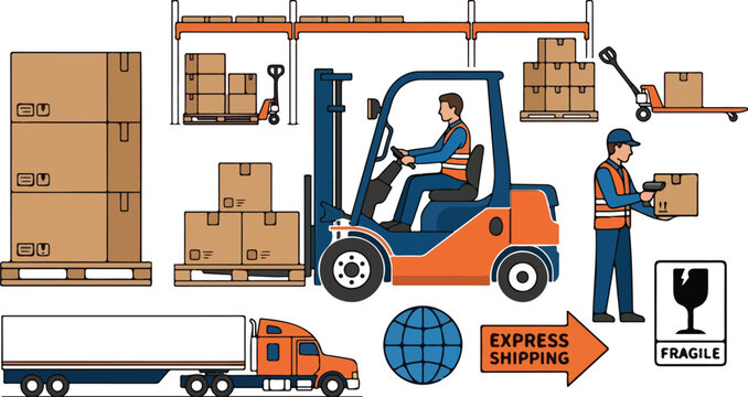 Logistics global supply chain management infrastructure vector infographic chart template featuring delivery truck cargo shipping forklift warehouse workers box pallets network,