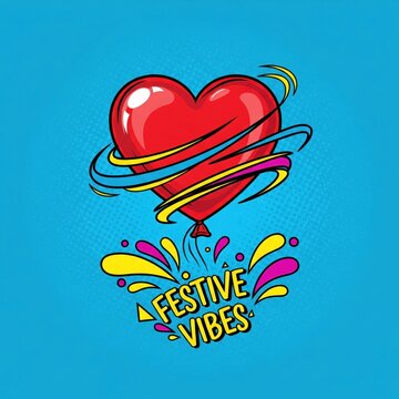 Pop Art Heart Balloon With Festive Vibes Typography Vector Illustration