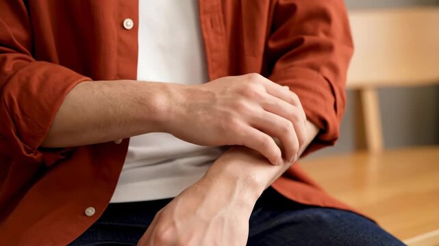 Close-up of a man scratching his arm, possibly due to an itch, allergy, or skin irritation.