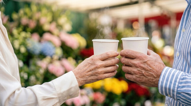 Close up of senior couple holding steaming paper coffee cups for toast at outdoor market representing warm connection