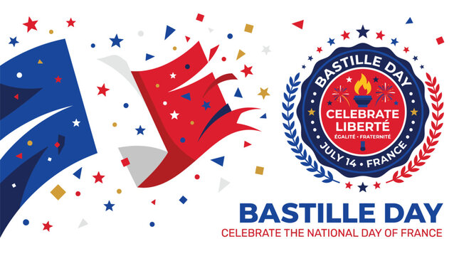 Vibrant vector illustration celebrating Bastille Day with French flag colors featuring a decorative circular emblem with flames and festive confetti elements on a clean white background for national 