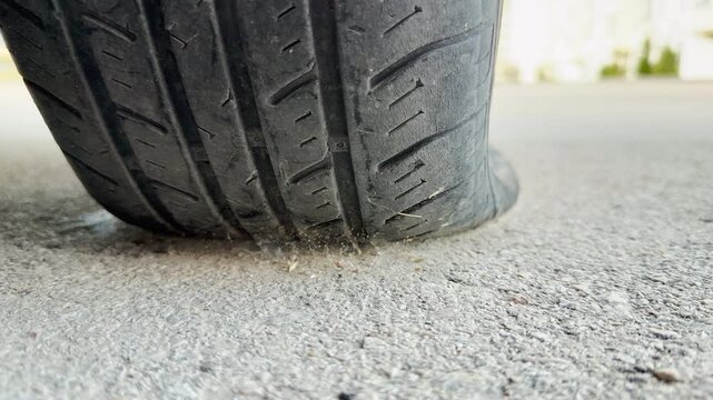 A flat car tire sits compressed on the asphalt pavement. This frustrating view evokes feelings of stress and inconvenience due to the unexpected trouble.