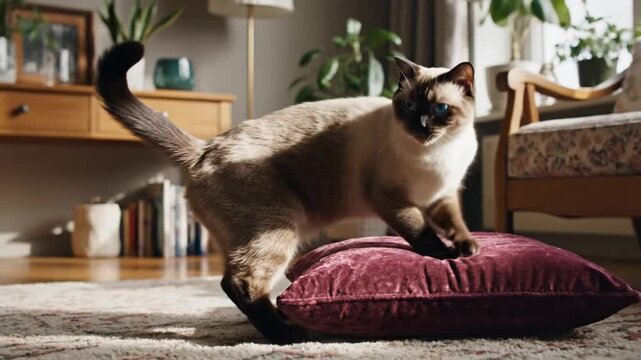 Domestic Siamese Cat Stretching Claws On A Soft Velour Cushion Inside A Cozy Sunlit Living Room Environment With Decorative Houseplants And Furniture