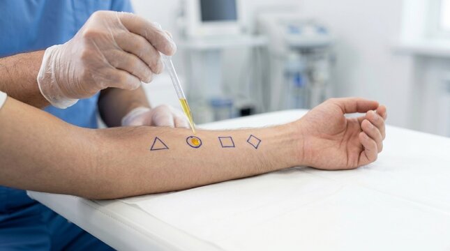 Allergist applying allergen extract to man arm for skin prick test. Clinical examination of immune response. Medical procedure for diagnosis of hypersensitivity and allergy reaction.