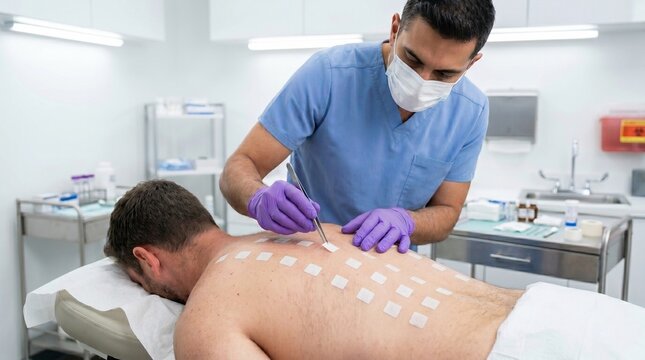 Allergist performing patch test on back of man lying on exam table in clinic. Medical skin biopsy procedure for allergen detection. Diagnostic checkup for hypersensitivity reaction.