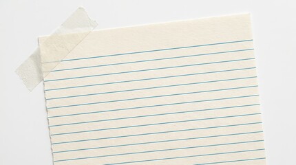 Fototapeta premium A piece of lined paper with a torn edge attached with masking tape isolated on white background