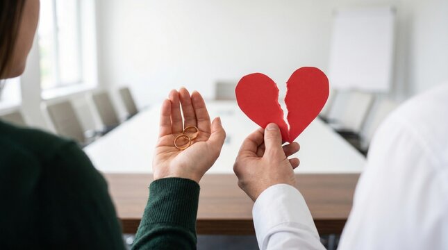 Woman and man holding wedding rings and broken heart. Couple ending marriage at lawyer office. Divorce process, legal separation, relationship conflict and sorrowful breakup concept.