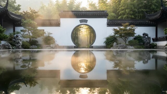 Tranquil Jiangnan Garden with Moon Gate and Reflecting Pool at Sunrise