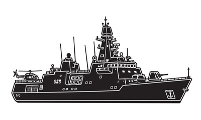 Modern warship silhouette, naval warship vessel, ocean sea, vector isolated on white © binh