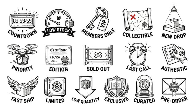 Essential hand-drawn e-commerce icons depicting product scarcity, exclusive offers, shipping, and order status for online shopping platforms and marketing visuals
