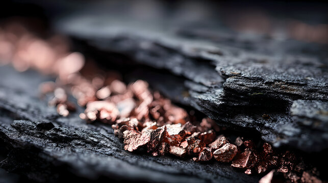 Close up of copper ore raw material,with the ore placed on top of black shale, subtle metallic reflection, emphasizing advanced energy storage materials and strategic mineral significance