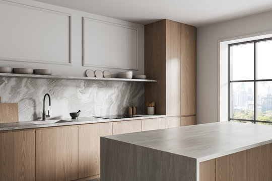 Modern kitchen interior featuring wood cabinets, marble backsplash, and spacious island in bright urban setting showcasing elegant home design. 3D Rendering