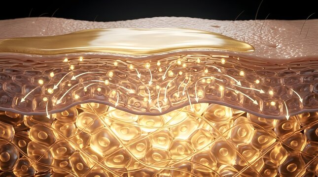 Cross section of human skin layers showing structure and moisture flow with glowing particles for dermatology and beauty care