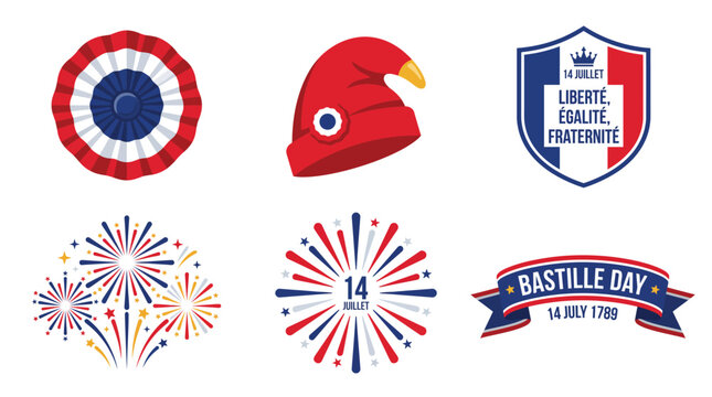 Vibrant vector illustration set featuring iconic French national holiday symbols including the tricolor cockade phrygian cap shield with text fireworks and decorative ribbons celebrating 