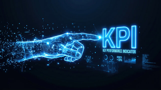 Futuristic Hand Reaching Out Towards Digital KPI Indicator Display