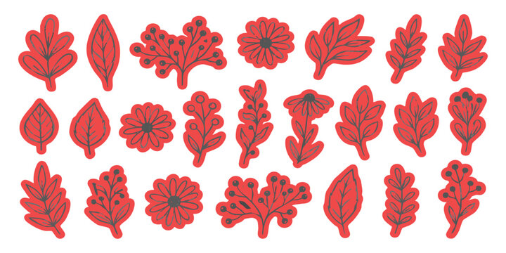 Set of hand drawn red autumn leaves and flowers doodles for fall season design elements and nature decor
