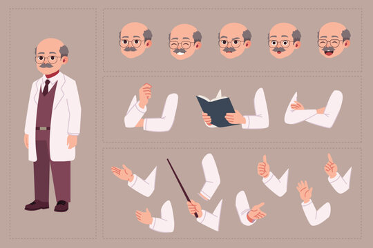 Professional 2D professor character rigging kit featuring separated vector body parts, facial expressions, and arm gestures. Ideal for explainer videos, educational animation, e-learning, presentation