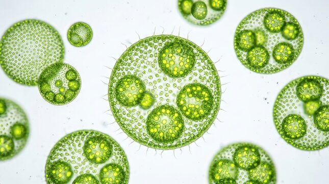 Microscopic view of volvox algae colonies isolated on white background
